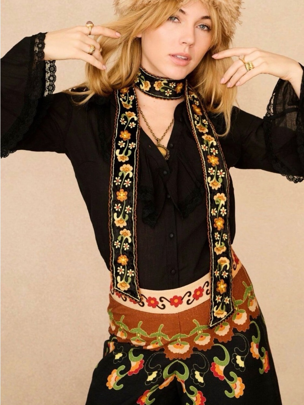 The Hippie Shake Night Garden Black Embroidered Velvet Scarf